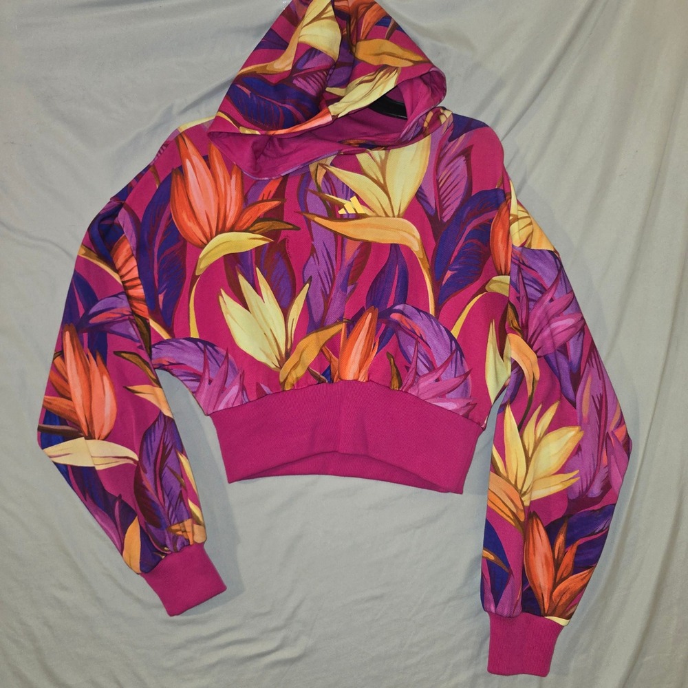 Adidas Farm Rio Cropped Hoodie Size S Women Pink Bird of Paradise Floral GS6334
